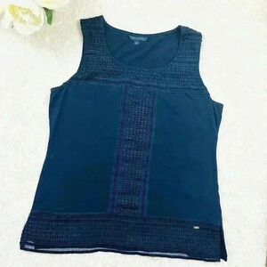 Tommy Hilfiger Navy Cotton Blend Sleeveless Embroidered Tank Top Blouse Size L